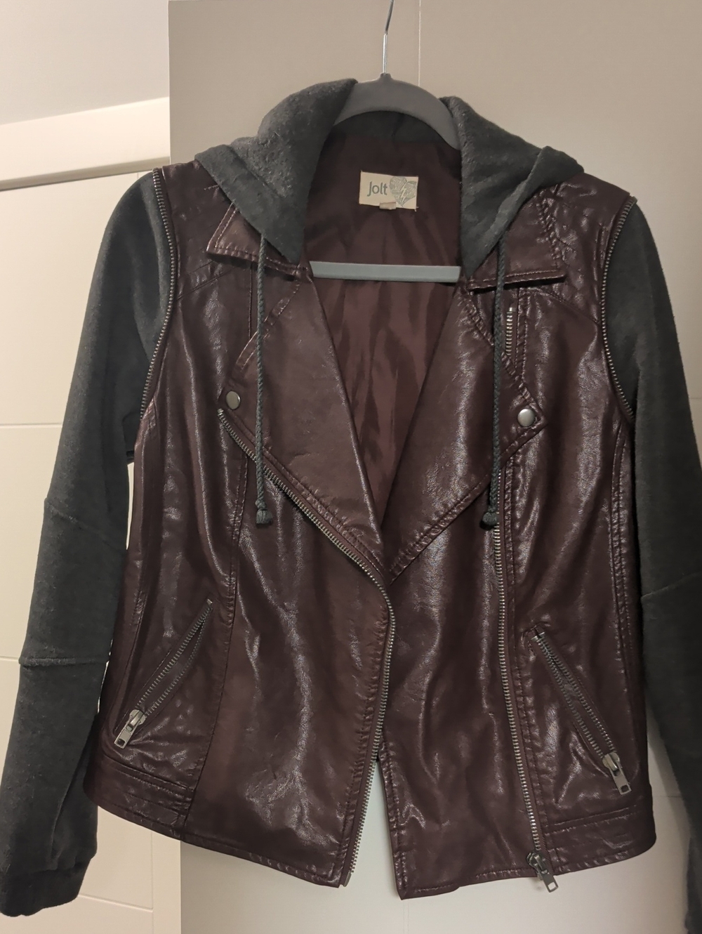 Jolt Women's Burgundy Faux Leather Hooded Moto Jacket